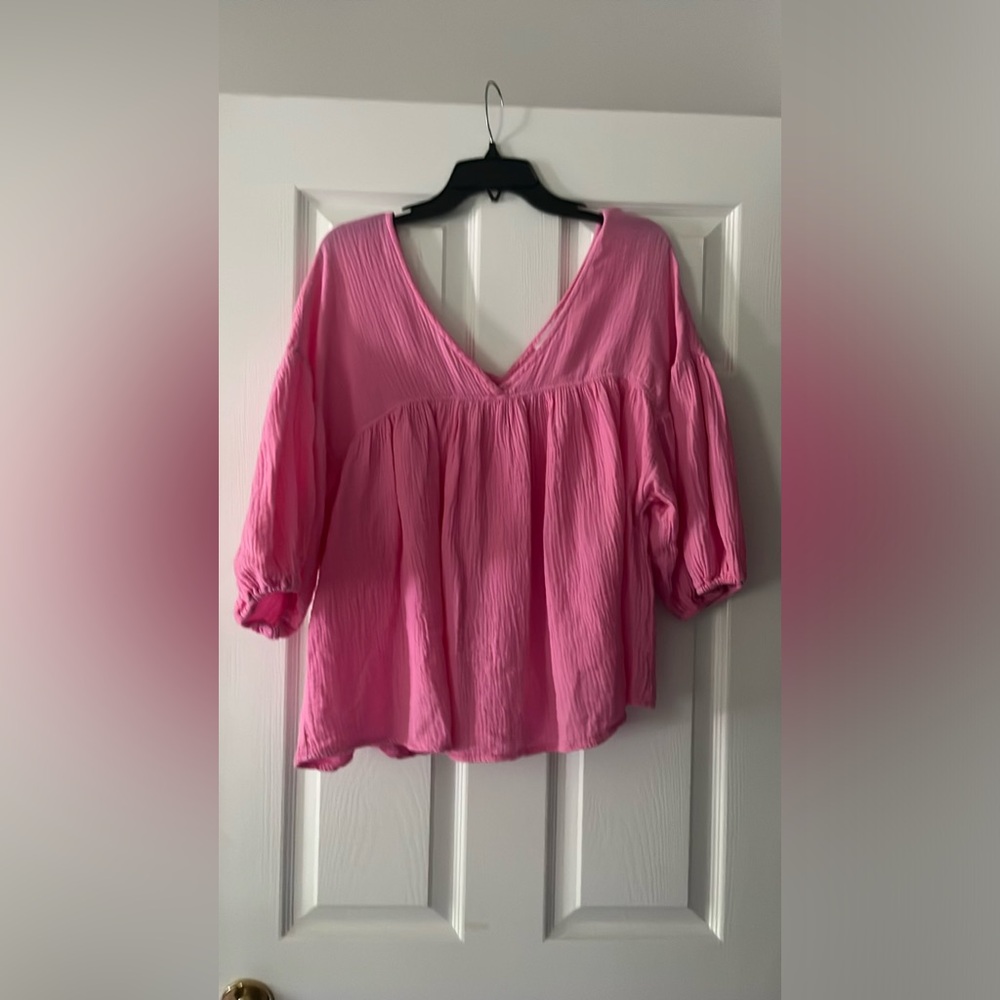ces femme Hot Pink Linen V Neck Blouse